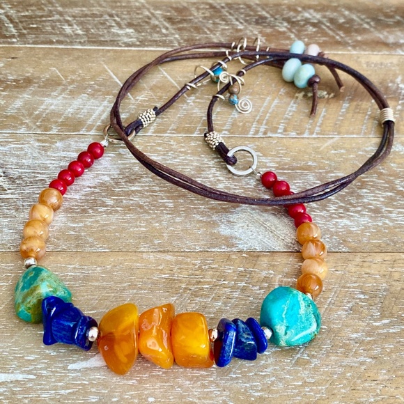 Jewelry - Chunky Gemstone Adjustable Leather Necklace